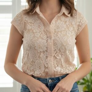 Nanette Lepore Sheer Floral Lace Button-up Blouse Feminine